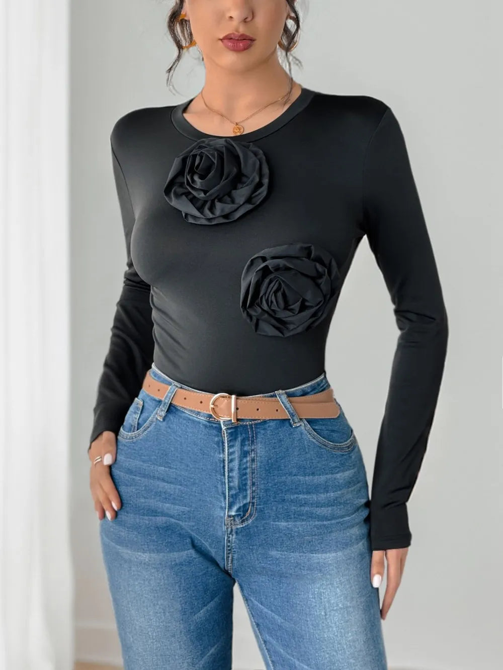 Perfee Flower Round Neck Long Sleeve Bodysuit Black - Fashorio