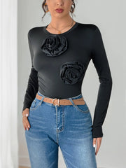 Perfee Flower Round Neck Long Sleeve Bodysuit Black - Fashorio