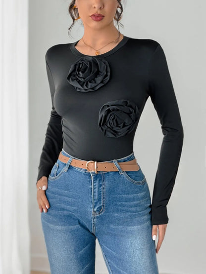 Perfee Flower Round Neck Long Sleeve Bodysuit Black - Fashorio