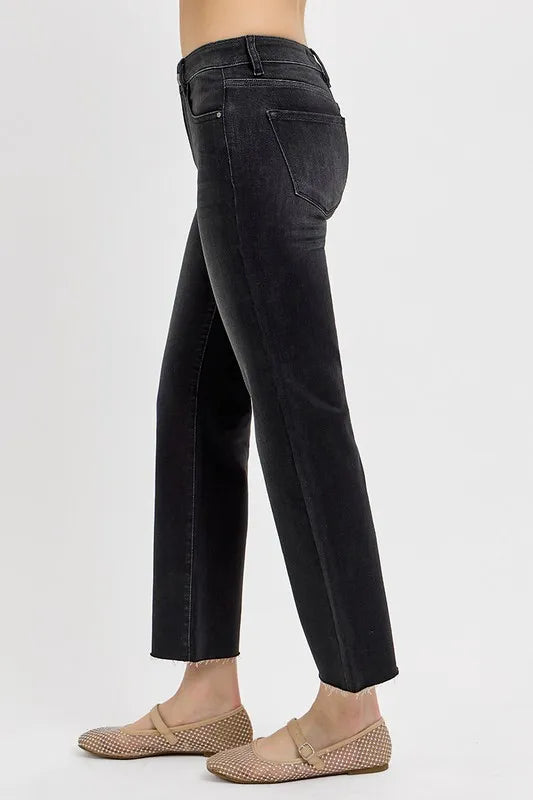 RISEN Tummy Control Mid Rise Crop Straight Jeans – Flattering Denim - Fashorio