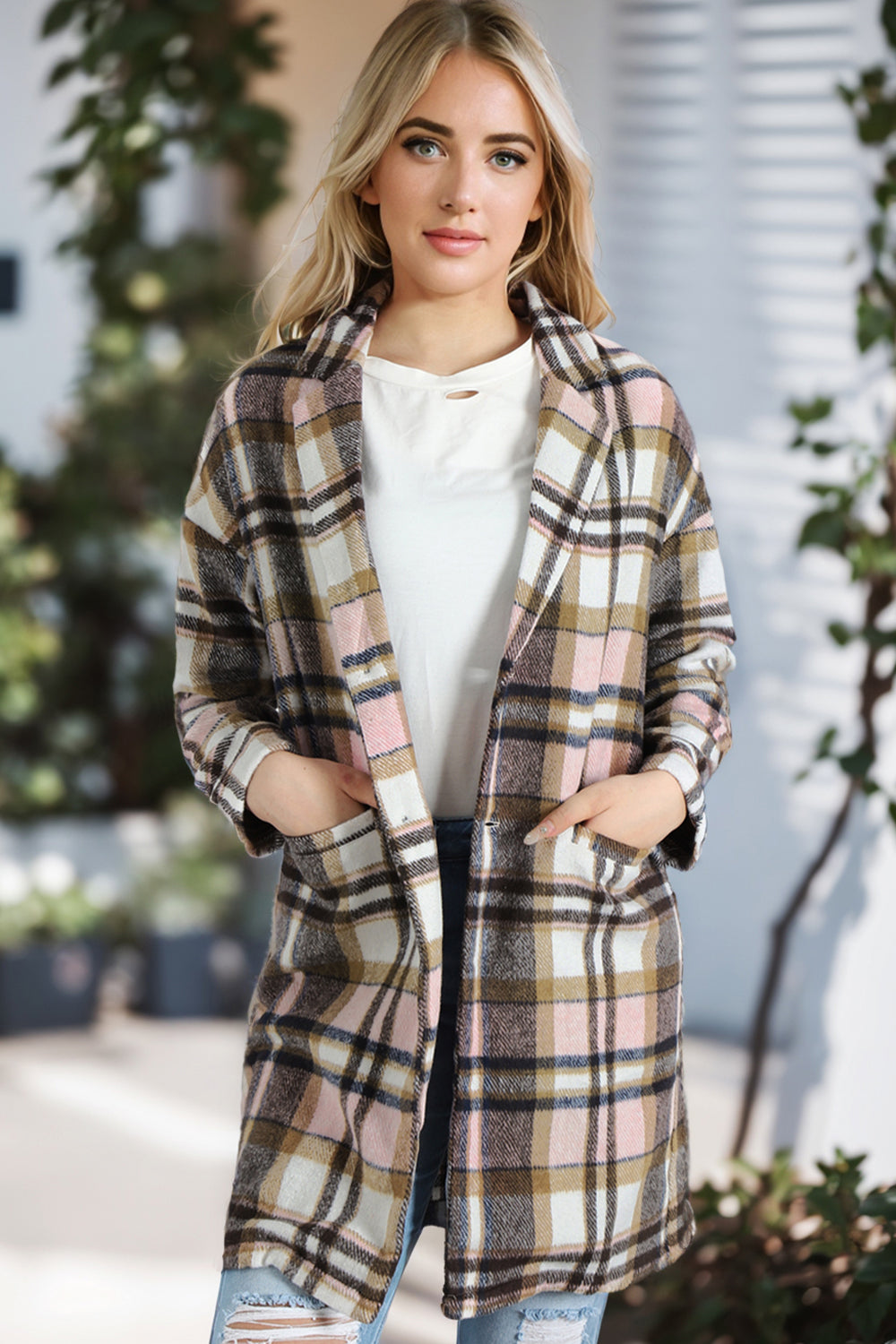 Plaid Longline Jacket with Pockets Plaid - Fashorio