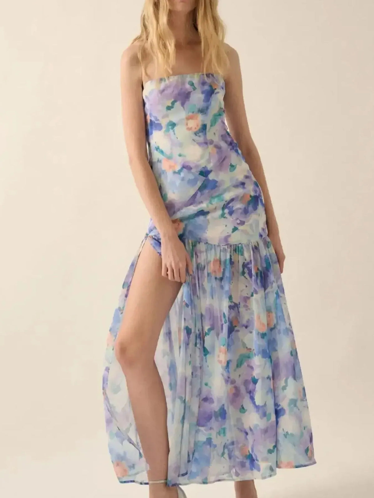 Strapless floral ruched maxi dress with side slit styled view