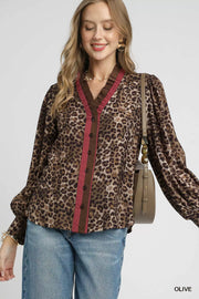 Umgee Ruffle Trim Leopard Print Shirt Olive - Fashorio