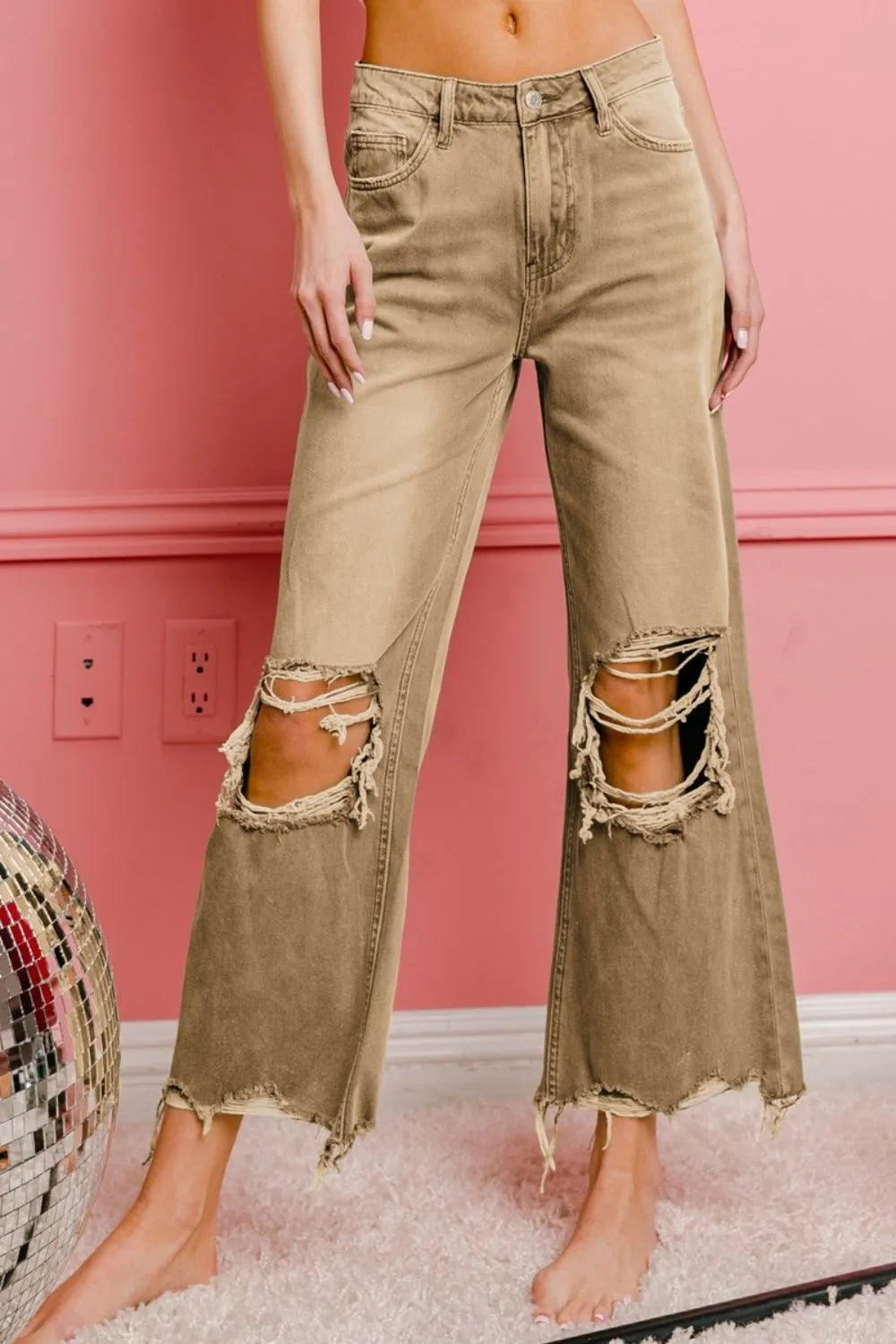 BiBi Distressed Vintage Washed Wide Leg Pants VINTAGE CAMEL - Fashorio