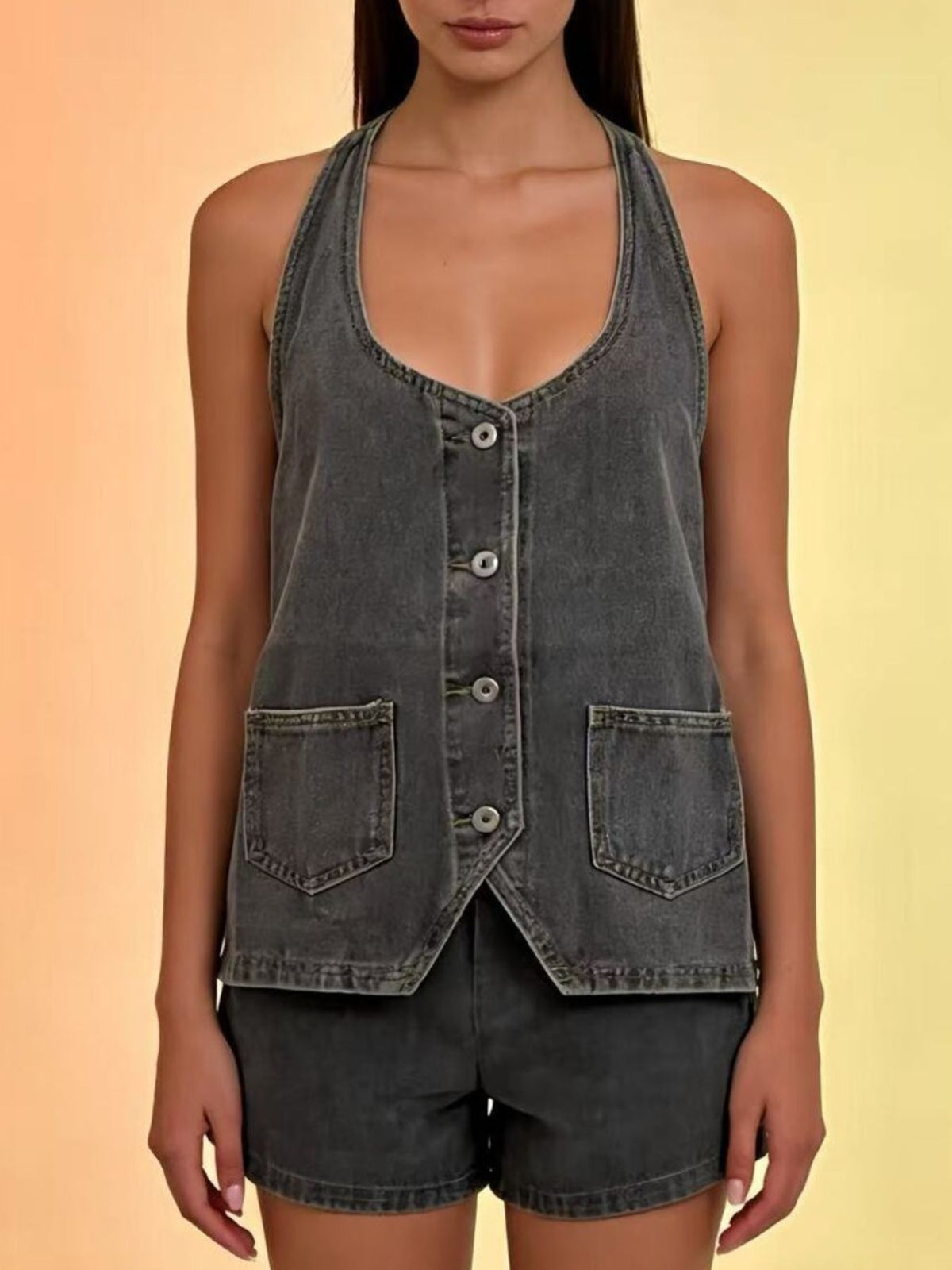 Halter Neck Button Down Denim Vest in Dark Blue view 17
