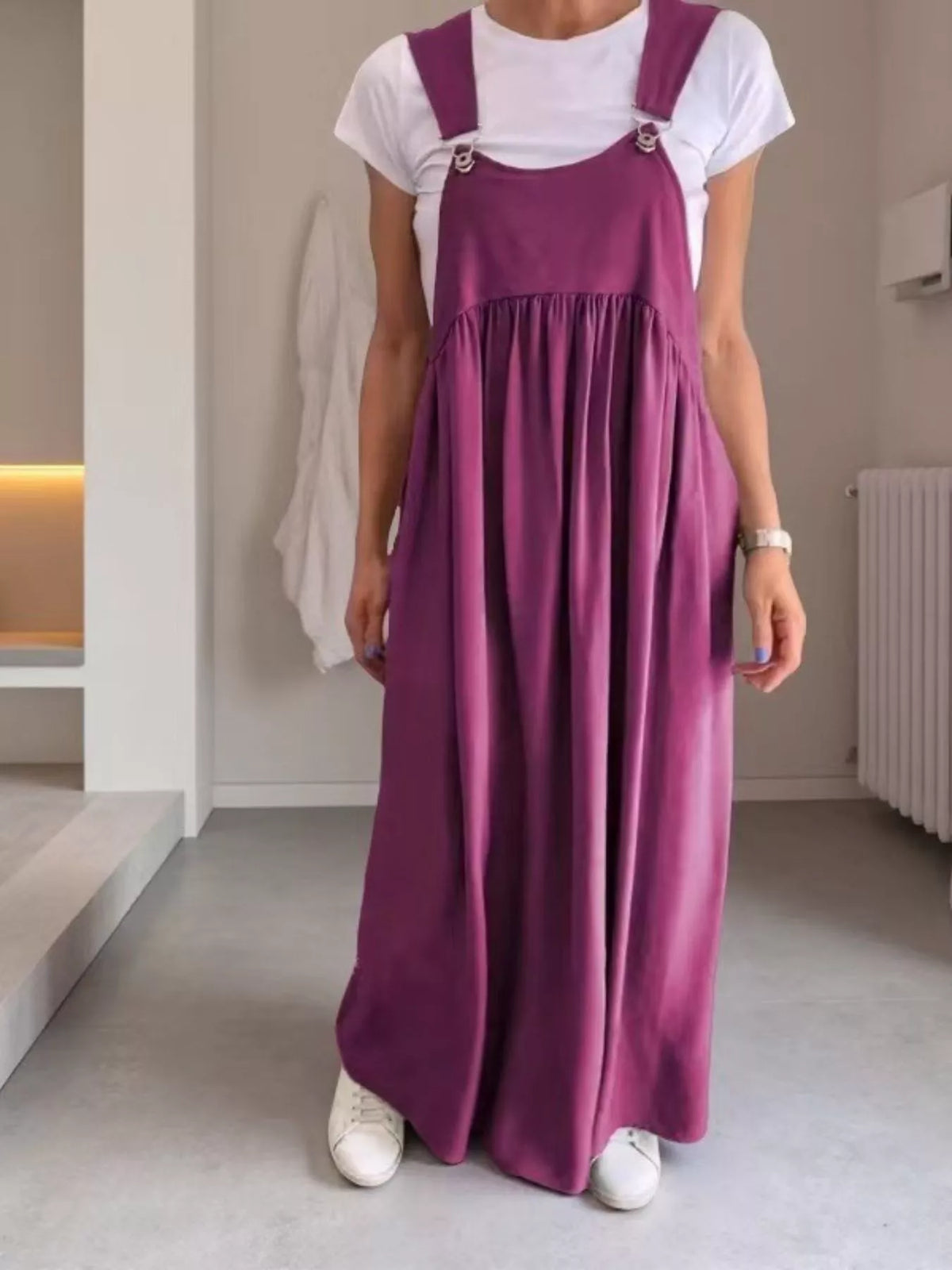 ruched wide strap overall maxi dress neckline detail
