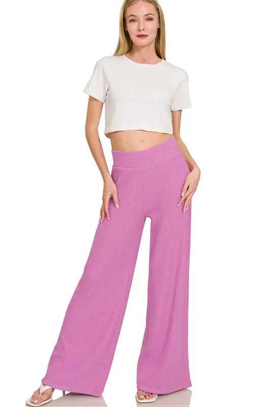 Rolled Sleeve Sweater Top and Pants Set in Mauve on model