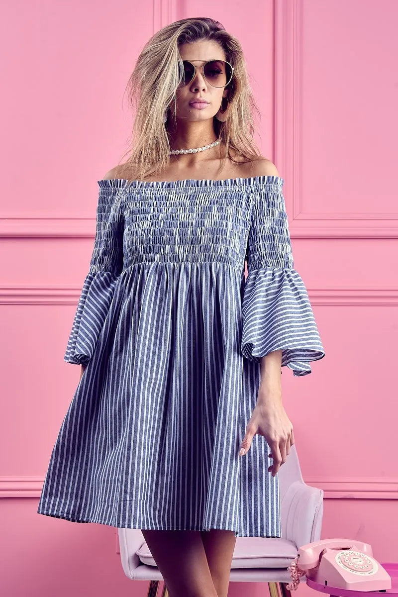 Smocked Off Shoulder Striped Dress back view