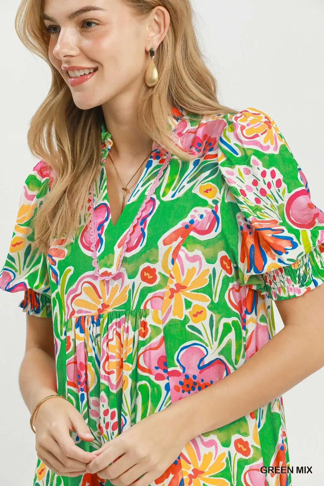 Floral Puff Sleeve Tiered Midi Dress in Green styled look