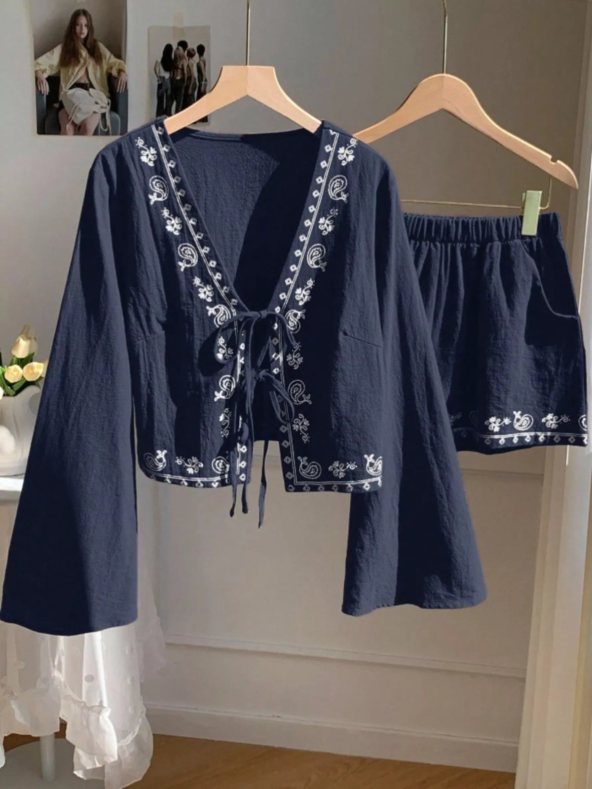 Embroidered Tie Front Top and Shorts Set, view 17