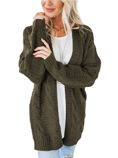 Cable-Knit Open Front Long Sleeve Cardigan - Fashorio