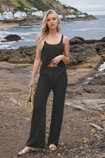 Hollow Out Round Neck Top and Pants Sweater Cover Up Set Black - Fashorio