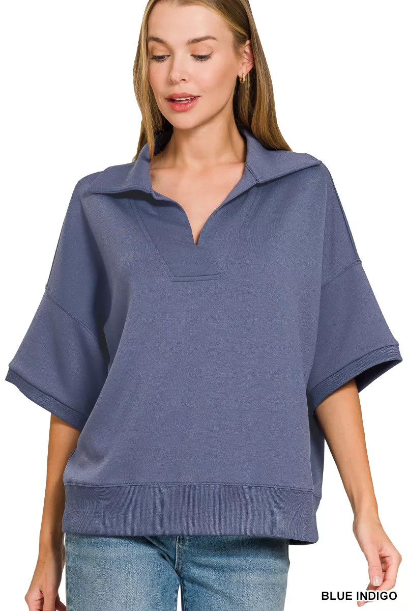 Blue indigo scuba collared short sleeve pullover front view