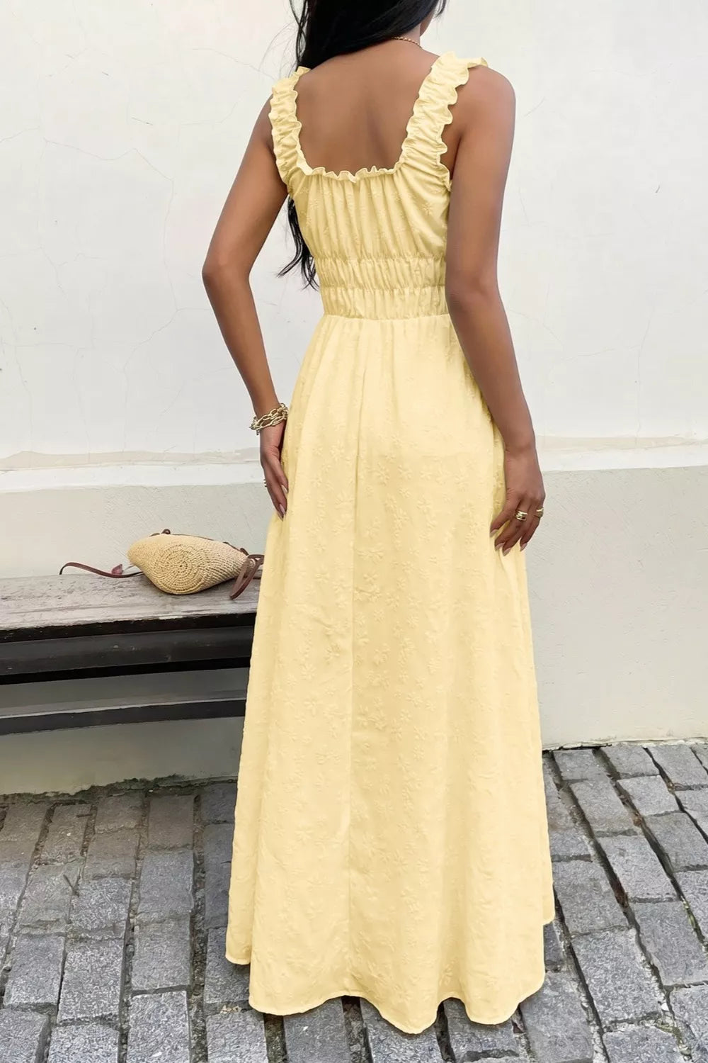 Pastel yellow square neck sleeveless maxi dress side view