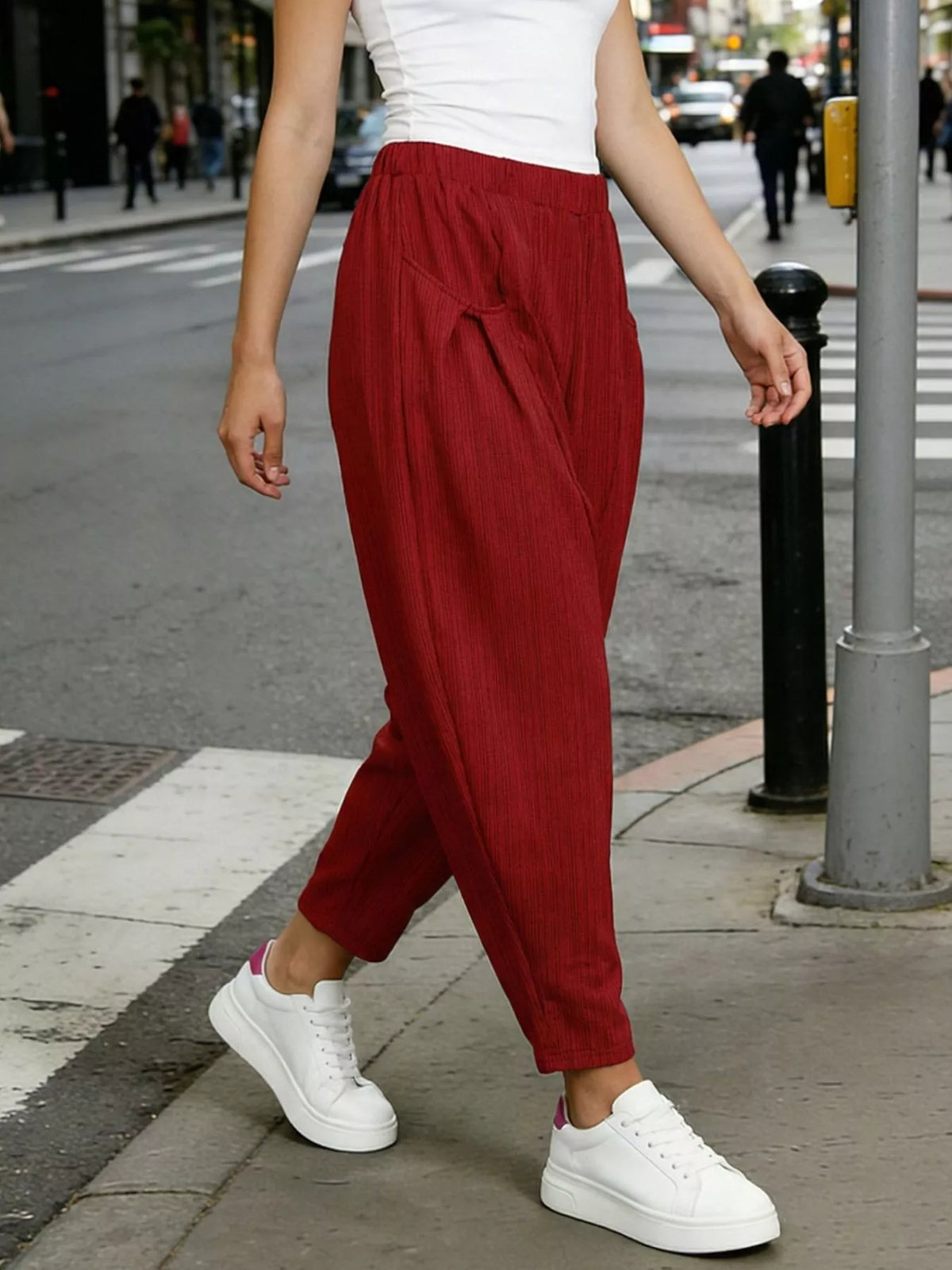 Plus size elastic waist harem pants, back view
