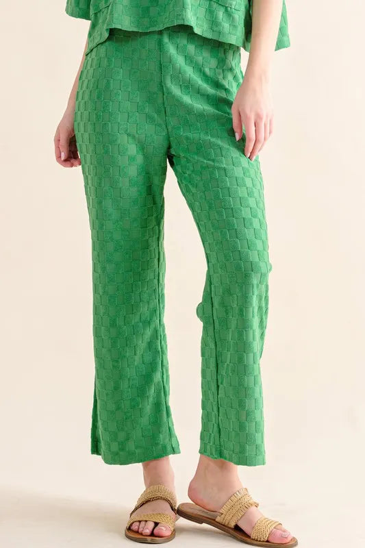 And The Why Brushed Texture Checker Board Pattern Casual Pants GREEN - Fashorio
