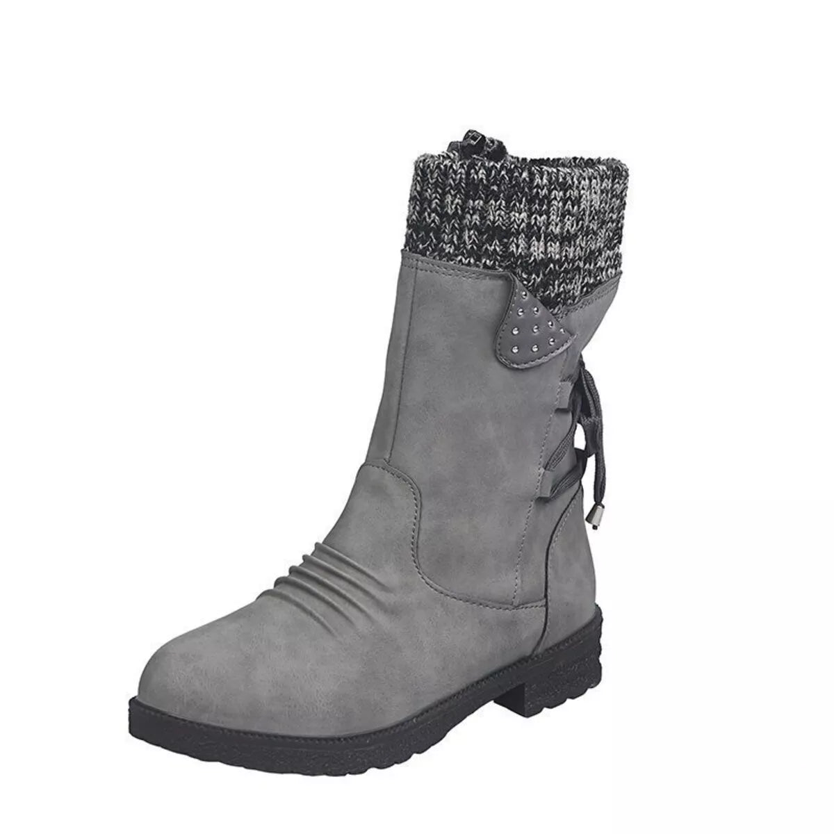 Grey knitted cuff round toe boots top down view