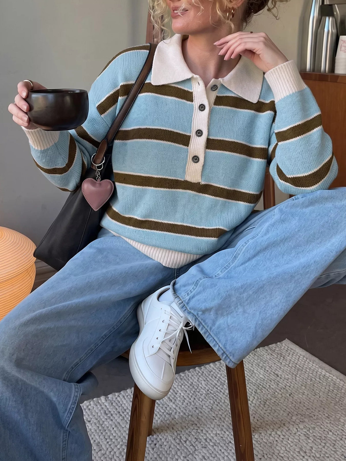 Striped Button Polo Collar Sweater in Blue styled look