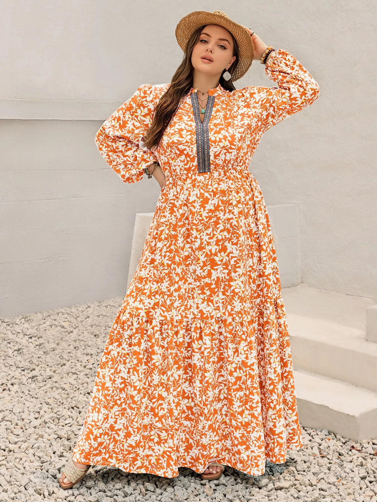 boho floral print maxi dress in tangerine front view