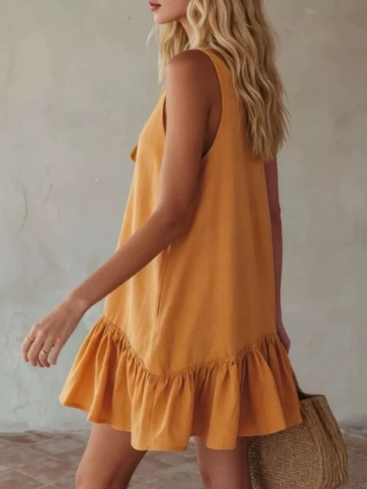V neck tie front ruffle hem mini dress side view