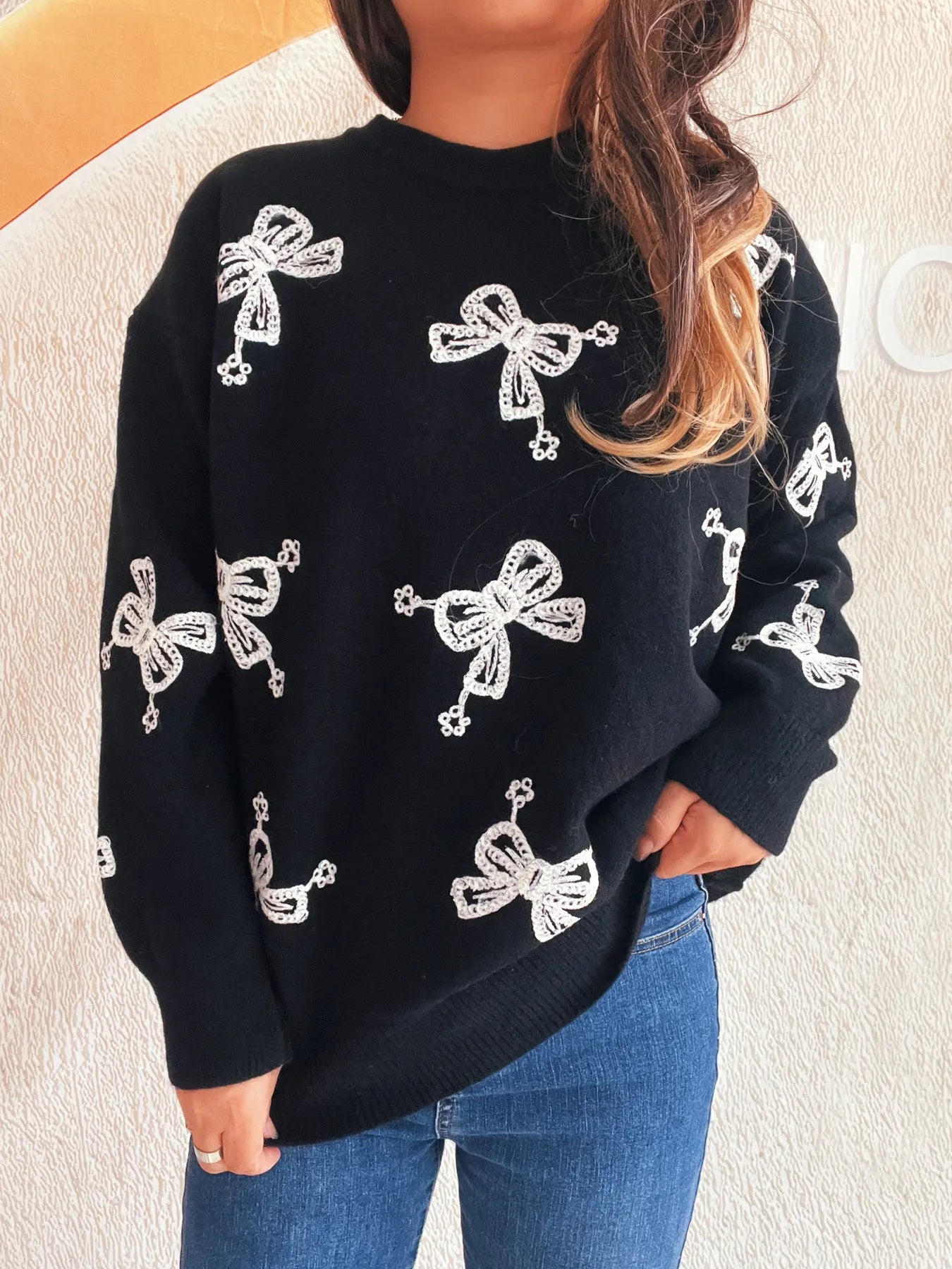 Bow Round Neck Long Sleeve Sweater Black One Size - Fashorio