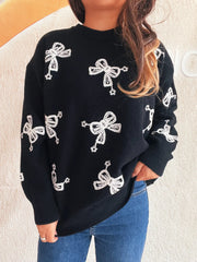 Bow Round Neck Long Sleeve Sweater Black One Size - Fashorio