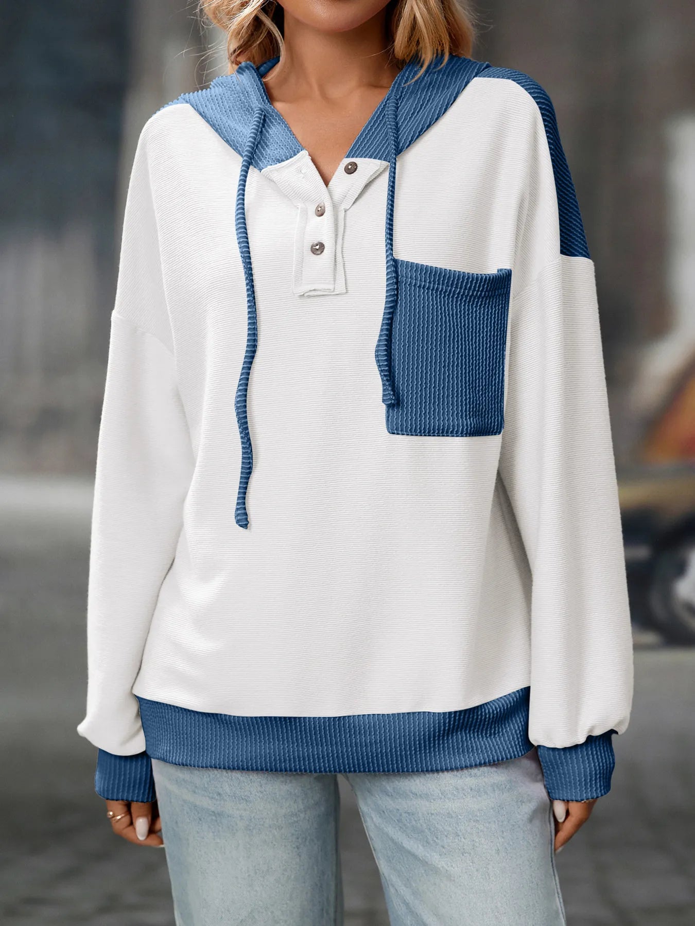 Drawstring Button Detail Long Sleeve Hoodie - Fashorio