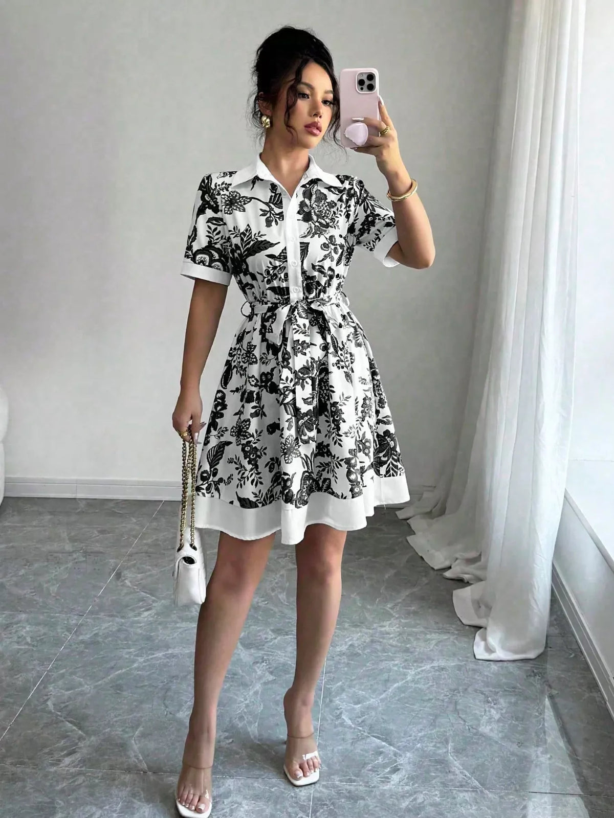 Printed button front belted mini dress detail view