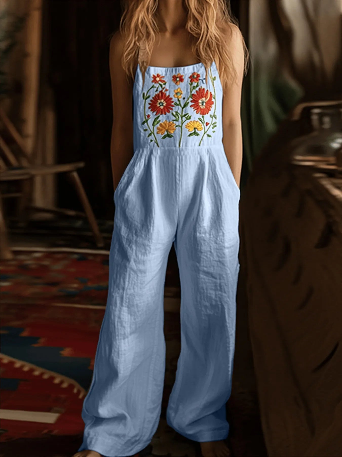 Floral Embroidered Wide Leg Jumpsuit - Fashorio