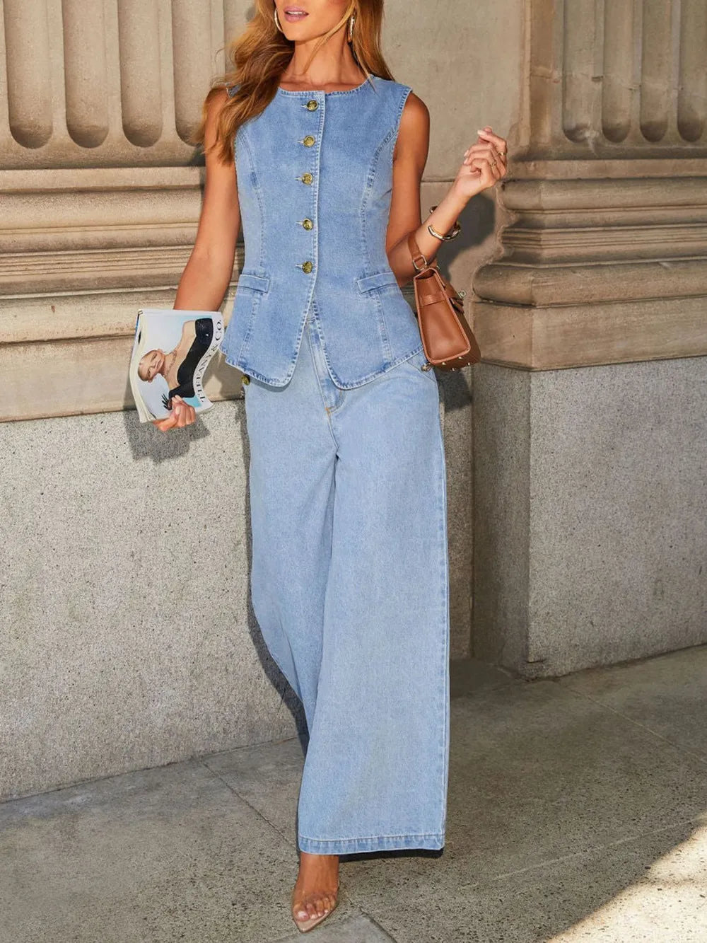 Wide leg jeans and vest denim set side view