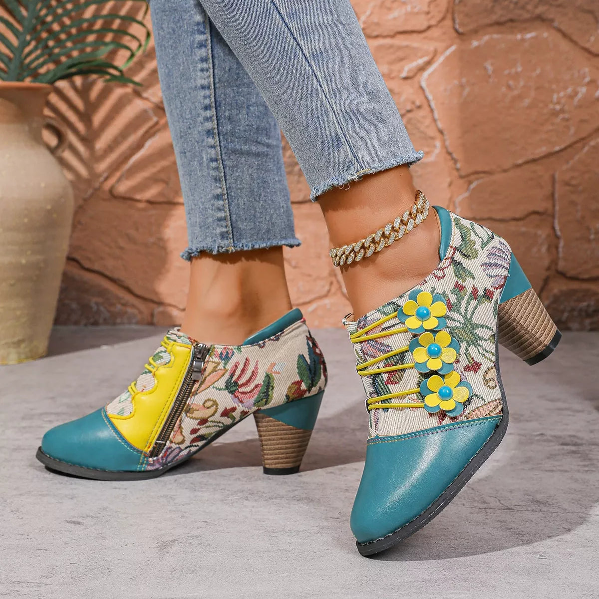 Lace up block heel ankle boots angled view