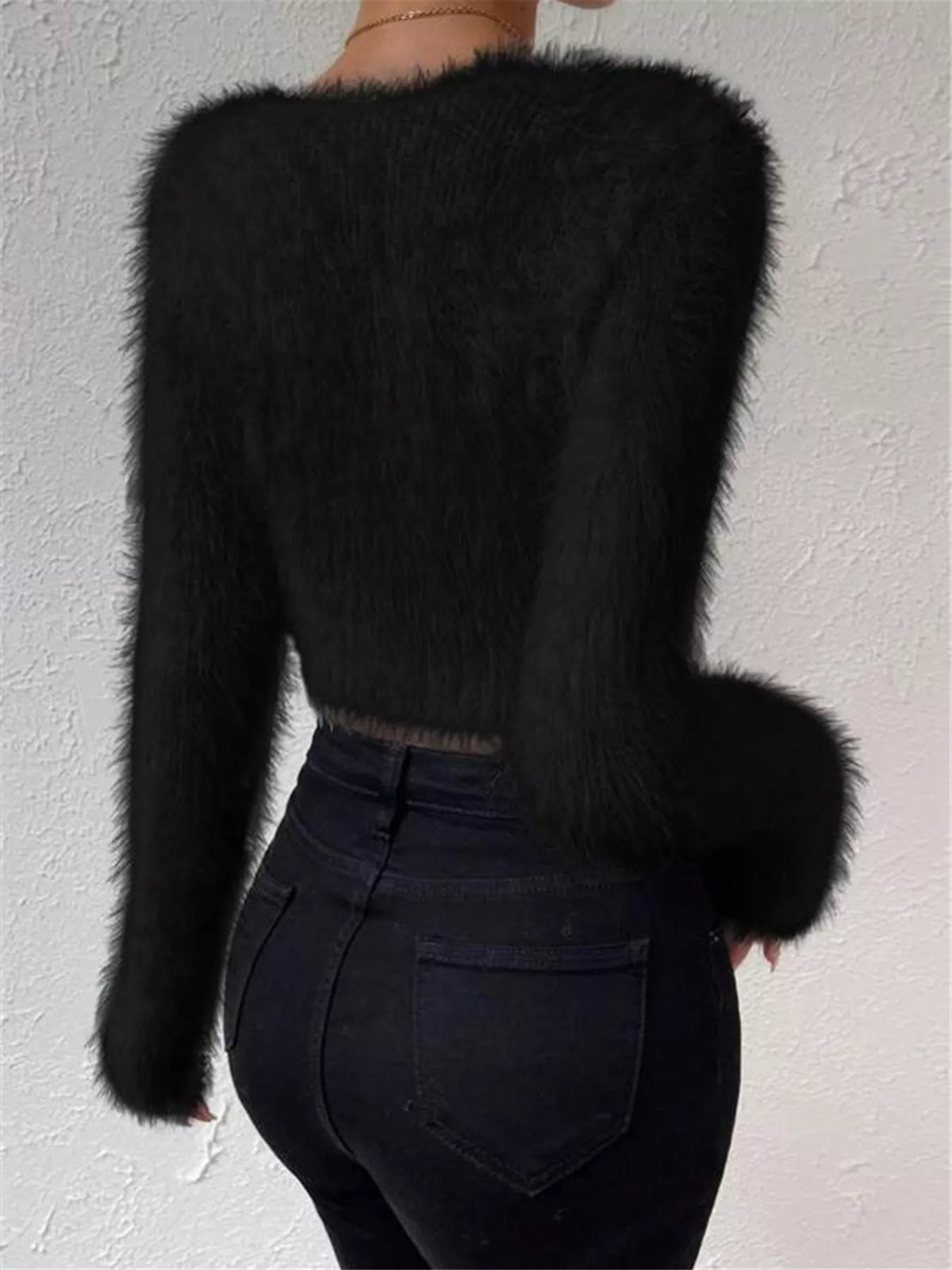Plush V-neck sweater styled outfit