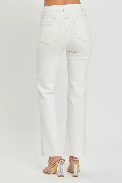 RISEN High Rise Tummy Control Straight Jeans – Raw Hem Denim - Fashorio