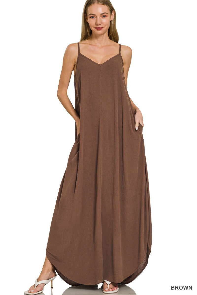 Zenana Woven Crinkle Cami Maxi Dress with Pockets, front view