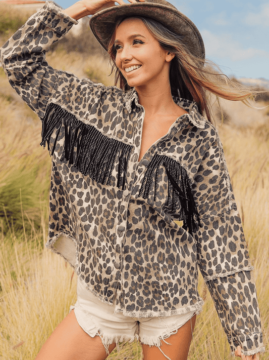 Leopard Fringe Detail Collared Neck Denim Jacket Leopard - Fashorio