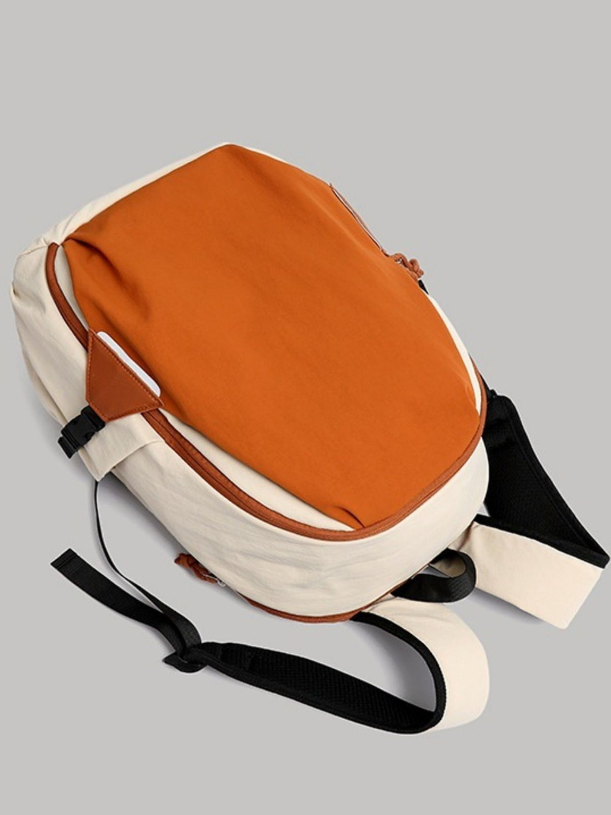 Orange color block nylon backpack side profile
