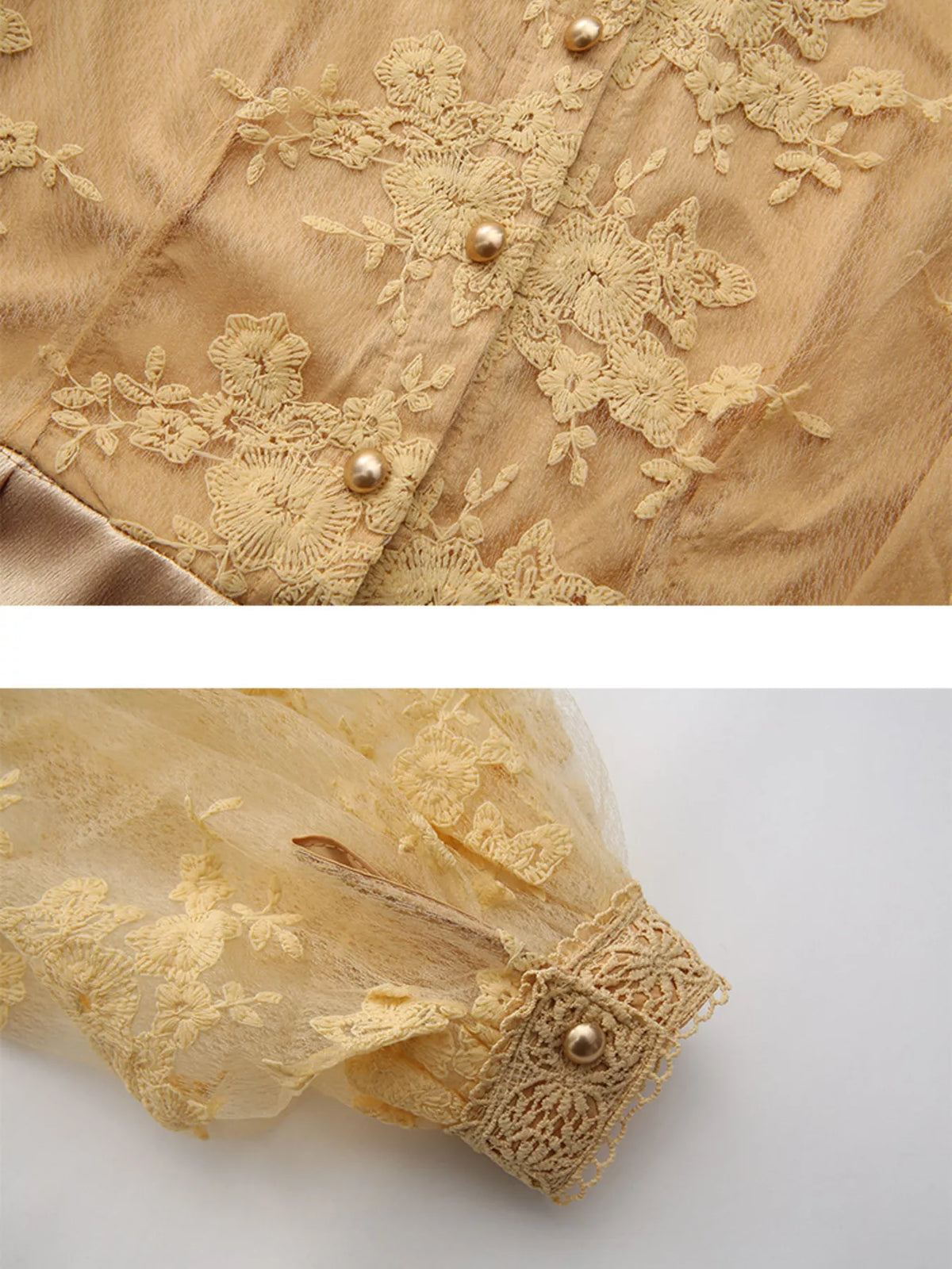 Brocade lace lantern sleeve belted maxi dress in gold lace and pearl button close view
