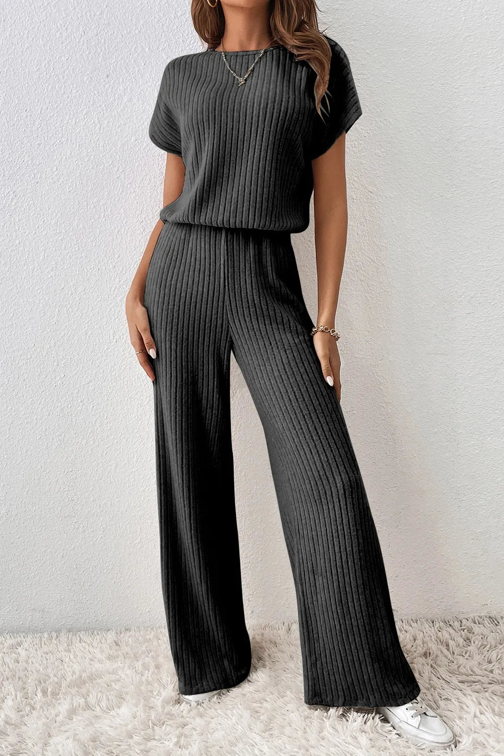 Ribbed Short Sleeve Wide Leg Jumpsuit - Fashorio