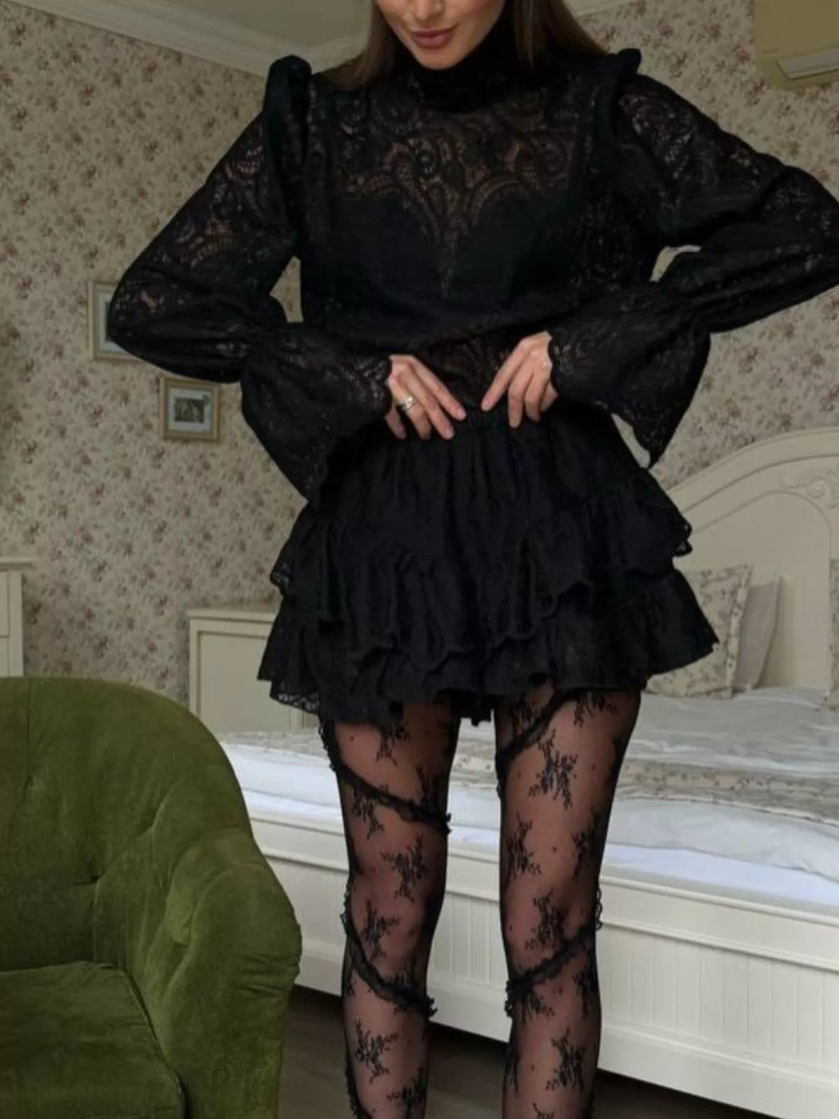 Lace Long Sleeve Top and Skirt Set, view 7