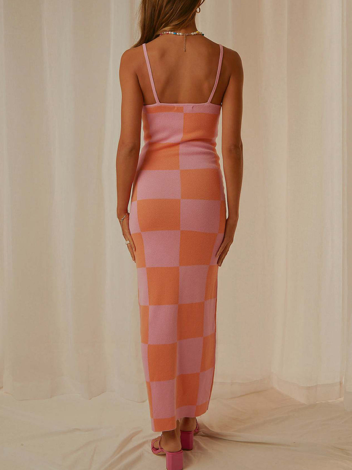 Spaghetti strap maxi sweater dress full length view