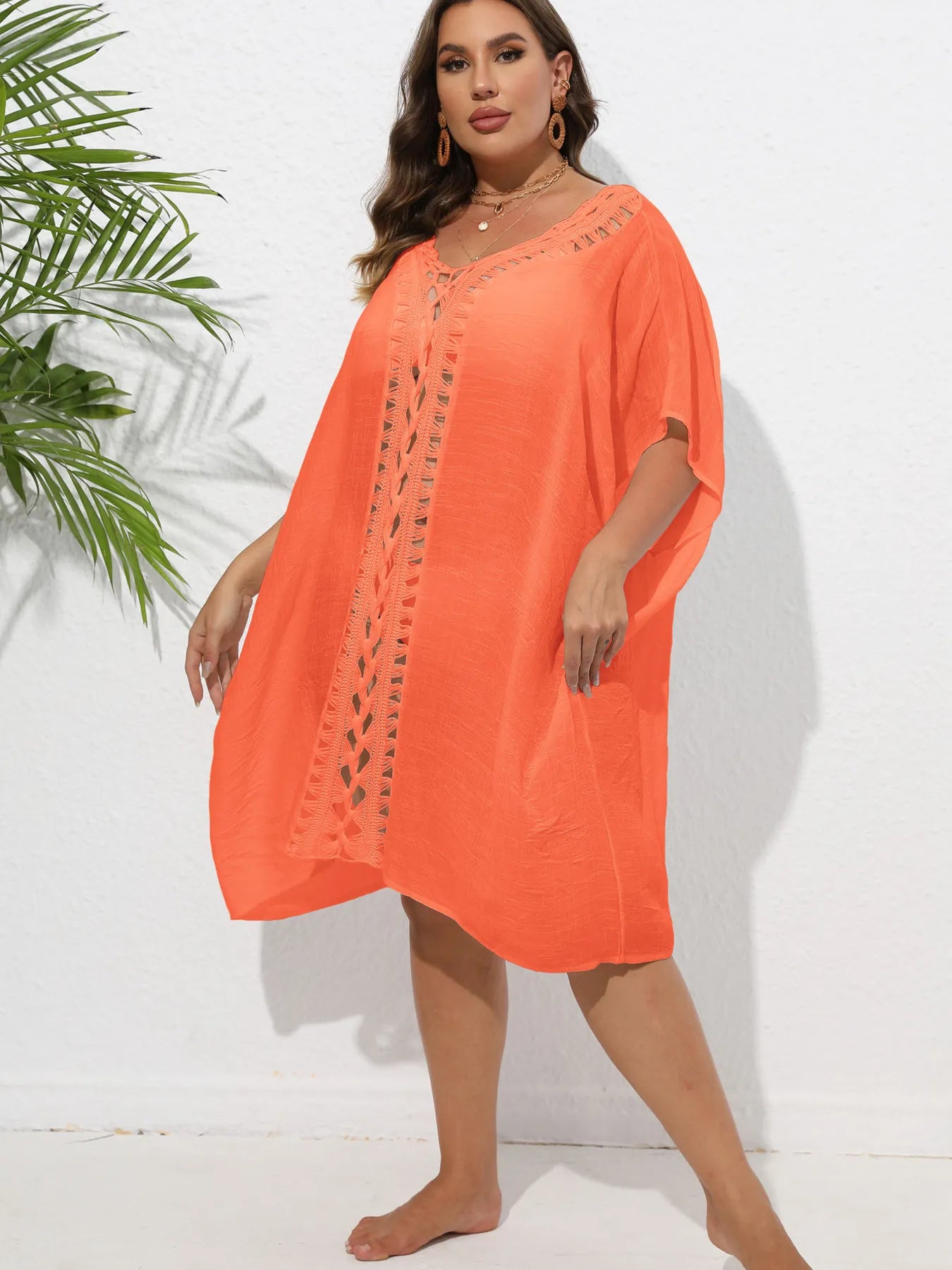 Crochet Trim V-Neck Beach Cover Up Dress - Fashorio