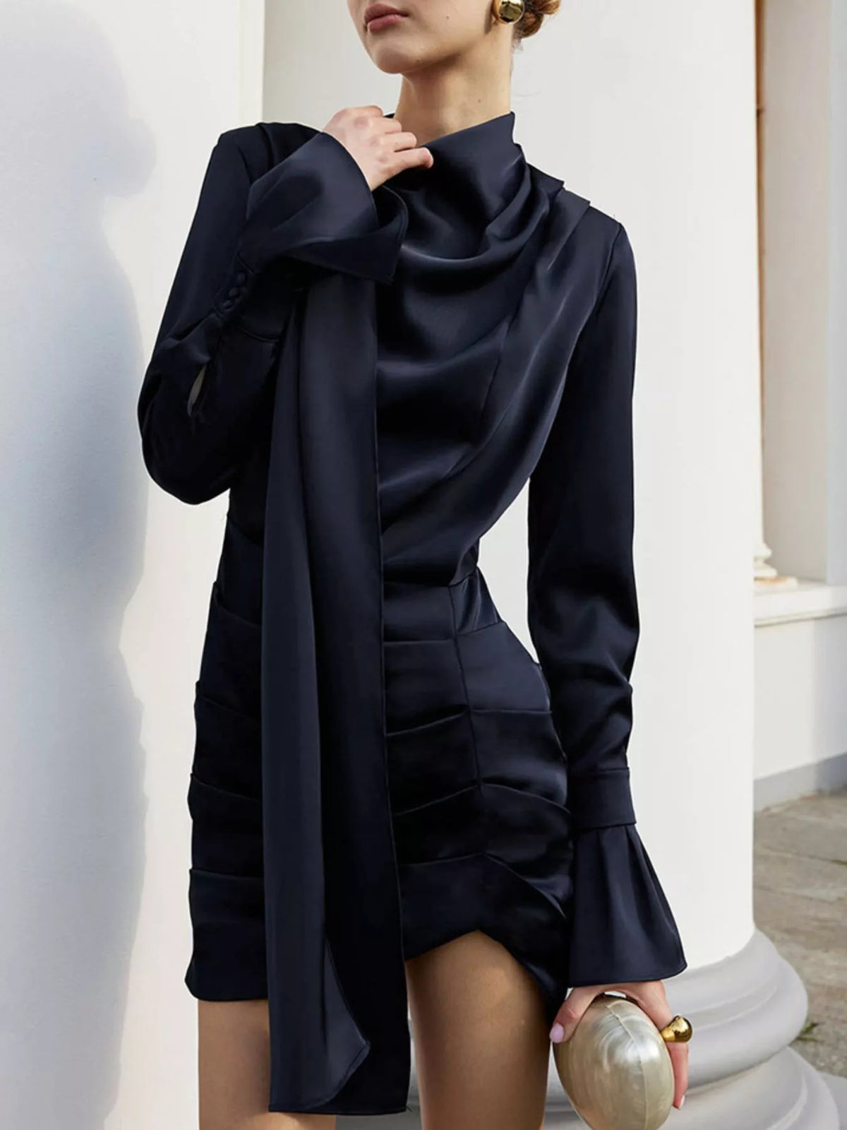 Dark Navy mock neck flounce sleeve dress side view