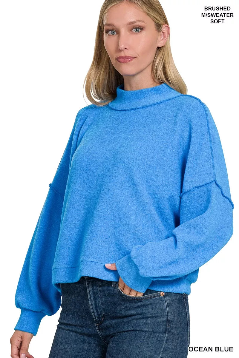 Brushed Melange Hacci Cropped Sweater in Ocean Blue