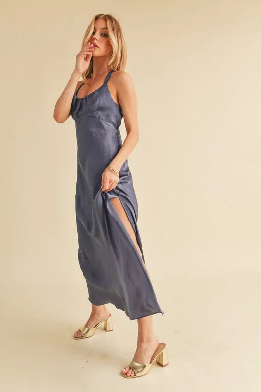 Ruched lilac maxi dress back view