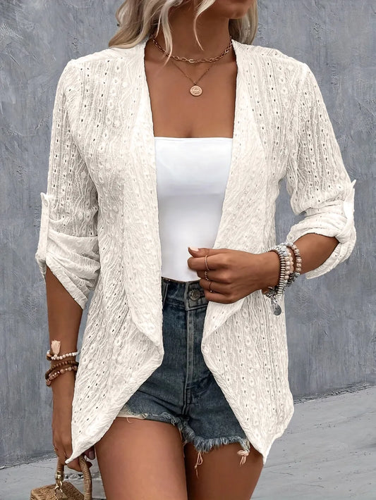 Eyelet Roll-Tab Sleeve Cardigan White - Fashorio