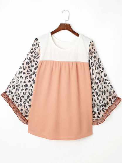 Plus Size Leopard Ruffle Trim Long Sleeve Blouse - Fashorio