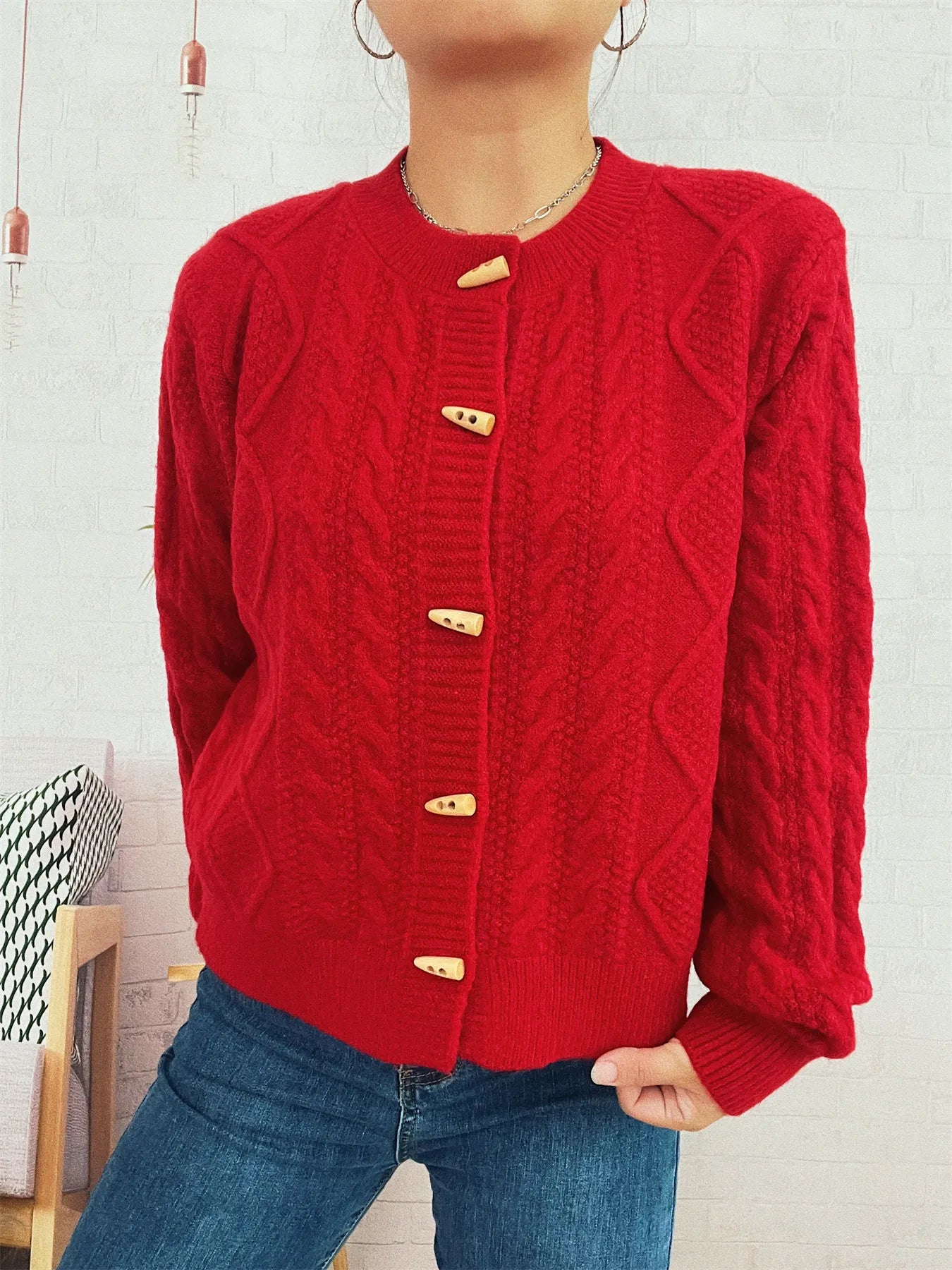 Cable Knit Button-Up Cardigan - Fashorio