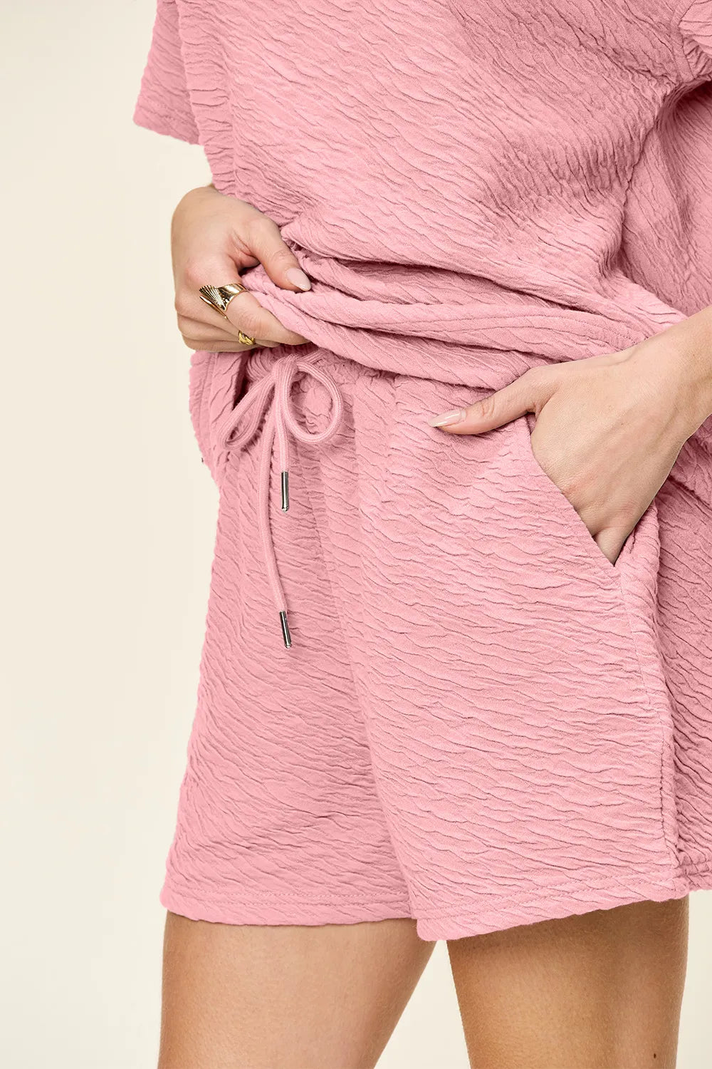 Double Take Full Size Texture Short Sleeve T-Shirt and Drawstring Shorts Set - Fashorio