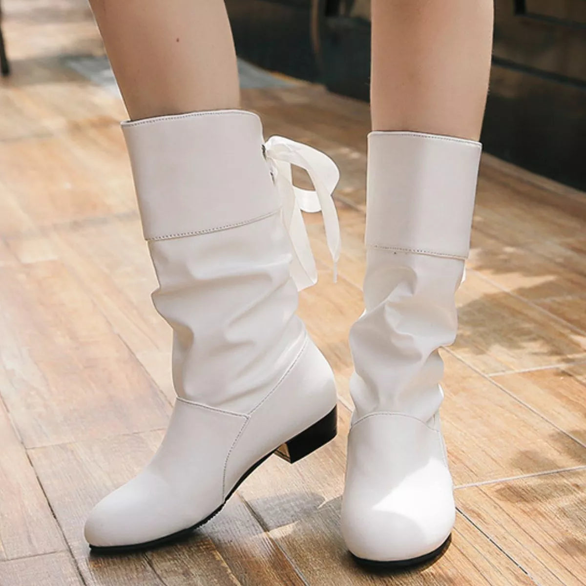 Round Toe Block Heel Boots front view