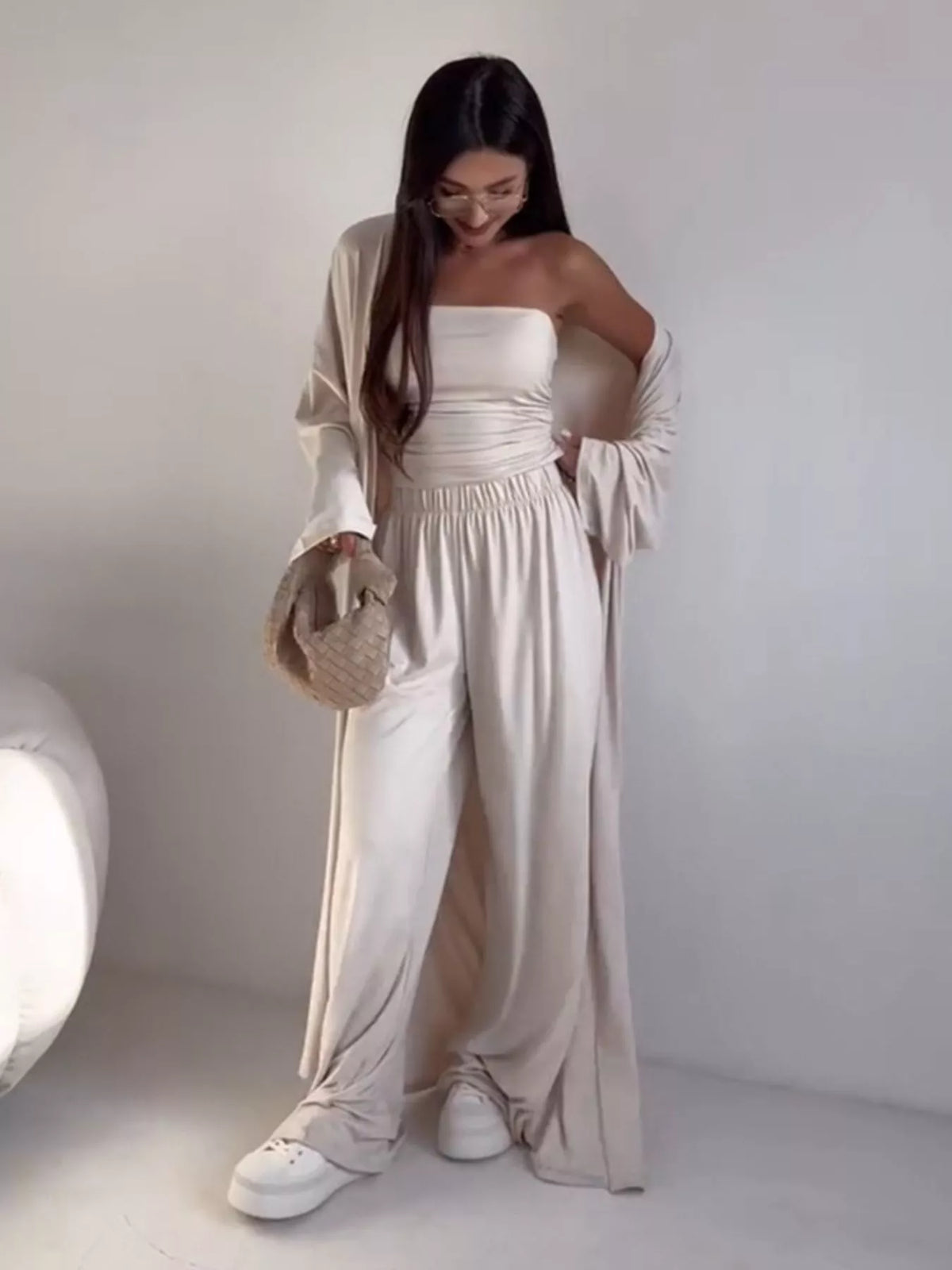 Tube Top Cardigan and Wide Leg Pants 3 Piece Set, view 13